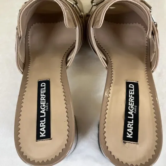 2pr Karl Lagerfeld Paris Mules Haley Patent Leather Black/Nude Chain Link Sz 10 - Picture 7 of 16